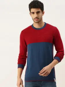 Peter England Men Red & Navy Blue Colourblocked Self Design Detail Pullover Sweater