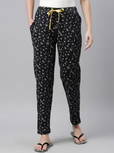 Enviously Young Women Navy Blue & Yellow Printed Pure Cotton Lounge Pants