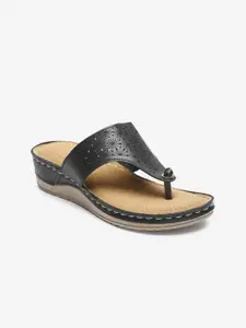 Misto Women Black Textured T-Strap Flats with Laser Cuts
