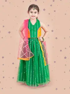 pspeaches Girls Green & Yellow Embellished Ready to Wear Lehenga & Blouse With Dupatta