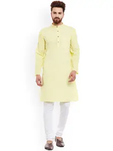 even Men Yellow Straight Cotton Kurta