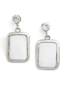 Blisscovered White & Silver-Toned Mother Of Pearl Studded Square Drop Earrings