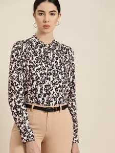 her by invictus Women White & Black Printed Formal Shirt