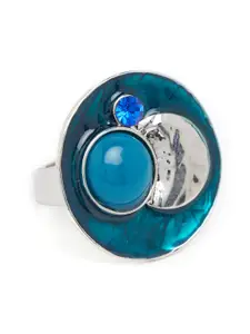 Blisscovered Blue & Silver-Toned Stone-Studded Enamelled Adjustable Finger Ring