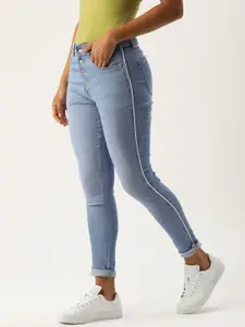 FOREVER 21 Women Blue Skinny Fit Mid-Rise Low Distress Jeans