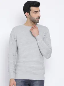 Richlook Men Grey Striped Pullover Sweater