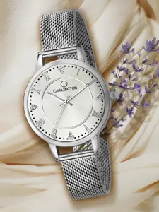 CARLINGTON Women Silver Embellished Dial & Stainless Steel Bracelet Straps Analogue Watch