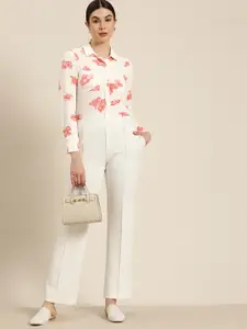 her by invictus Women Off White & Pink Textured Floral Printed Formal Shirt