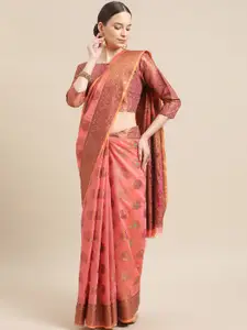 RAJGRANTH Pink Woven Design Silk Cotton Kasavu Saree