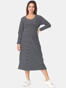 The Mom Store Navy Blue & White Striped Maternity A-Line Midi Dress