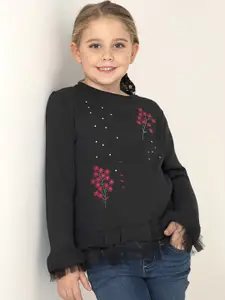 Cherry Crumble Girls Black & Maroon Floral Embroidered Net Detail Pullover