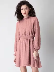 FabAlley Pink Self Design Smocked Fit & Flare Georgette Dress