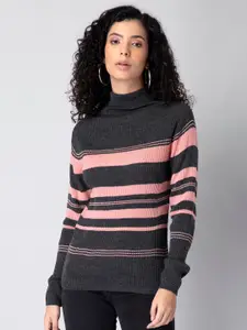 FabAlley Women Grey & Pink Striped Pullover