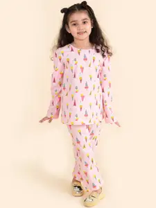 pspeaches Girls Pink & Green Printed Pure Cotton Night suit