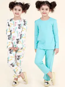 pspeaches Girls Pack of 2 Sea Green & White Pure Cotton Night suit