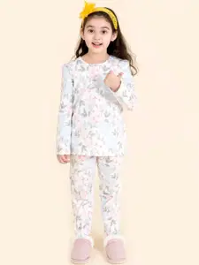 pspeaches Girls White & Pink Printed Night suit