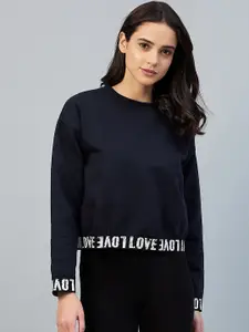 StyleStone Women Navy Blue Printed Fleece Crop Sweatshirt