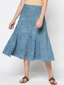 Fabindia Women Blue & White Printed Pure Cotton Flared Knee-Length Skirt
