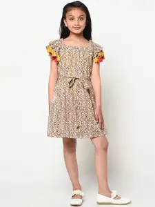 BLANC9 Mustard Yellow & Multicoloured Floral Printed A-Line Dress