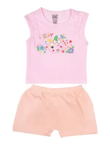 MeeMee Girls Pink & Peach-Coloured Pure Cotton Printed Top with Shorts