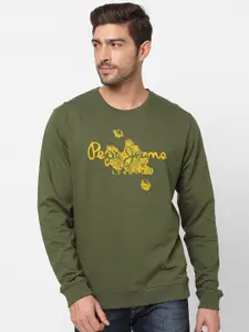 Pepe Jeans Men Olive Green Printed Pure Cotton Sweatshirt