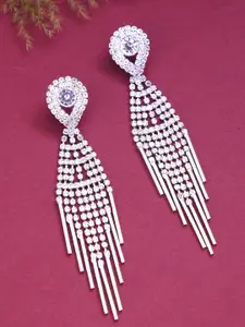 Yellow Chimes Silver-Toned Crystal Studded Contemporary Drop Earrings