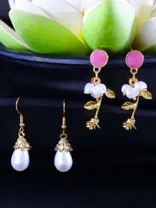 Yellow Chimes Gold-Plated & White Set of 2 Floral Drop Earrings