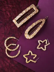 Yellow Chimes Set of 2 Gold-Toned Geometric Hoop Earrings with Hair Clips