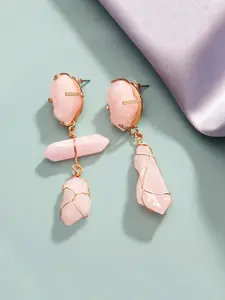 Yellow Chimes Peach-Coloured Stones Studded Geometric Drop Earrings
