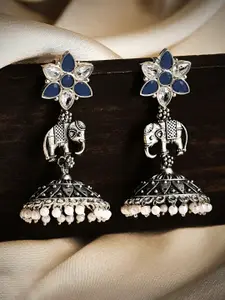 Rubans Silver-Toned & Blue Dome Shaped Jhumkas Earrings