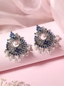 Rubans Silver-Toned & Blue Stone Studded Circular Chandbalis Earrings