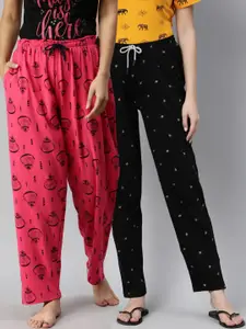 Kryptic Women Black & Pink 100% Cotton Full Length Lounge Pants - Pack of 2