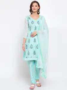 SERONA FABRICS Woman Blue Chanderi Aari Work Embroidered Unstitched Dress Material