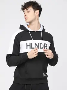 HIGHLANDER Men Black & White Coloublocked Hooded Sweatshirt