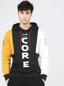 HIGHLANDER Men Black & White Typography Printed Hooded Sweatshirt