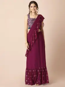 INDYA Shraddha Kapoor Purple & Gold Embellished Mukaish Saree