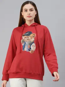 plusS Plus Size Women Red Printed Fleece Hooded Sweatshirt