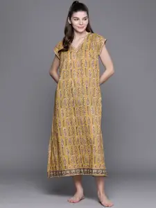 Biba Women's Mustard Geometrical Printed Maxi Night Dress