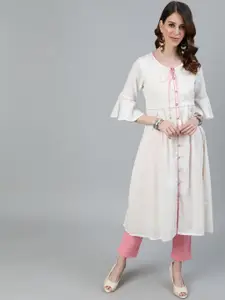 Jaipur Kurti Women Off White Flared Sleeves Thread Work Dobby Kurta