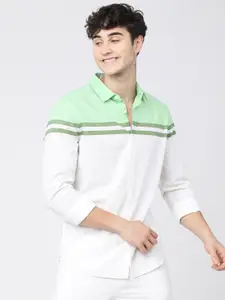 KETCH Men White & Green Slim Fit Colourblocked Cotton Casual Shirt