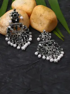 justpeachy Silver-Toned & Black Contemporary Drop Earrings