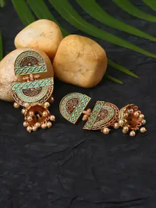 justpeachy Gold-Toned & Green Geometric Textured Jhumka Earrings