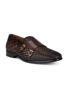 ROSSO BRUNELLO Men Brown Textured Leather Formal Monk Shoes