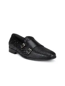 ROSSO BRUNELLO Men Black Textured Leather Formal Monk Shoes