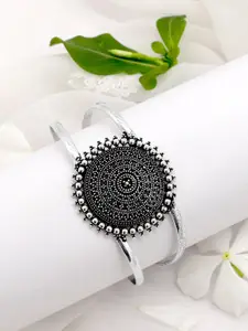 TEEJH Women Silver-Toned Floral Oxidized Cuff Bracelet