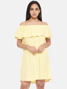 People Yellow Cotton Checked Off-Shoulder A-Line Dress
