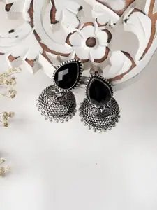 TEEJH Silver-Toned Contemporary Oxidised Jhumkas Earrings
