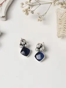 TEEJH Silver-Plated Navy Blue Oxidised Contemporary Studs