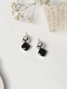 TEEJH Black & Silver-Toned Contemporary Drop Earrings