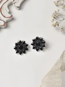TEEJH Black & Silver-Toned Floral Oxidised Studs Earrings